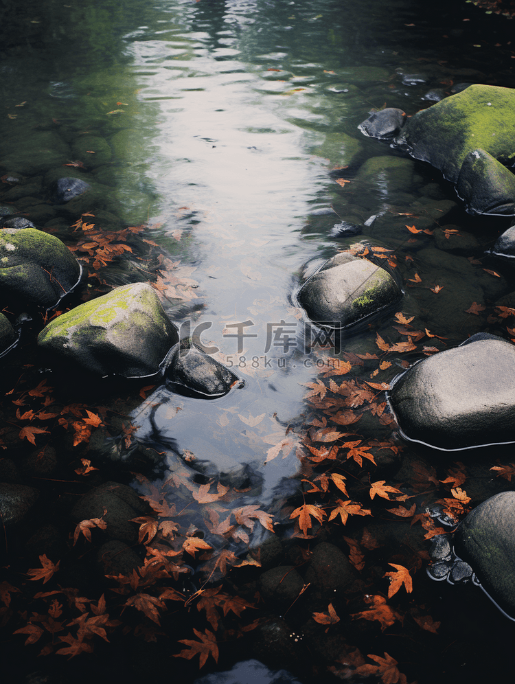 清澈的河水中漂浮的落叶