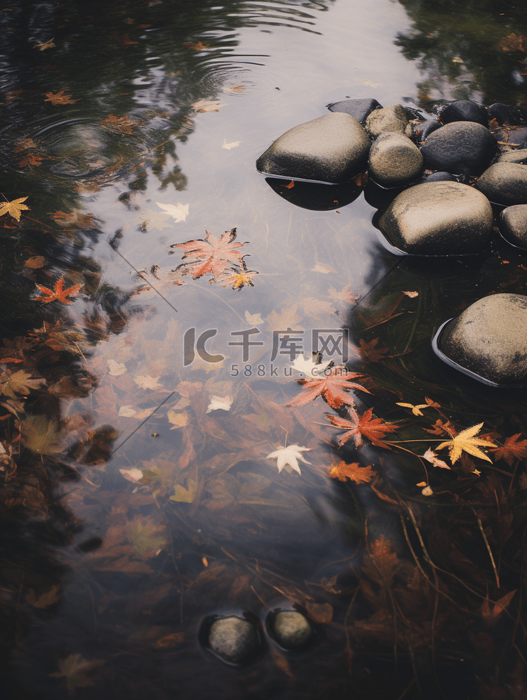 清澈的河水中漂浮的落叶