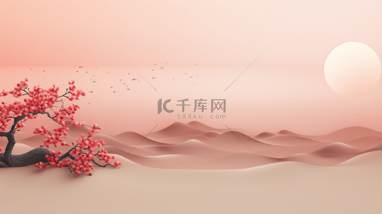 红色中国风山水梅花创意背景16
