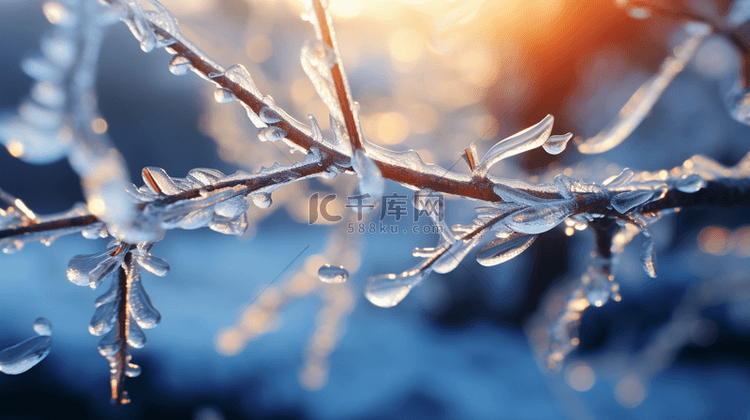 霜降节气晨光里挂霜的树枝枝叶