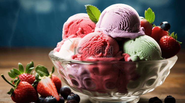 美味的水果奶油冰淇淋球