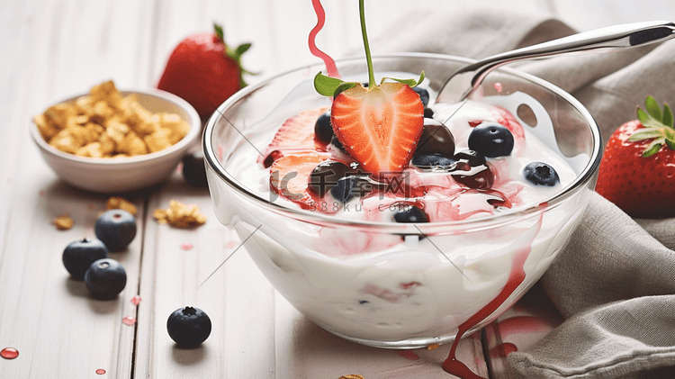美味的草莓蓝莓水果酸奶