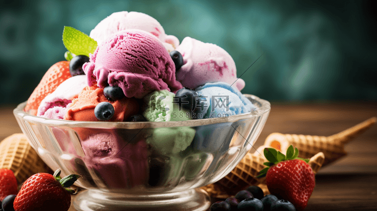 美味的水果奶油冰淇淋球