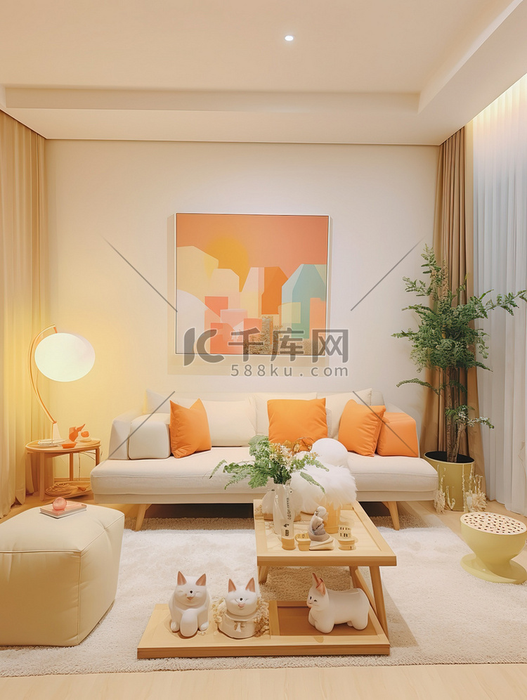浅橙色和米色装饰的客厅家居背景