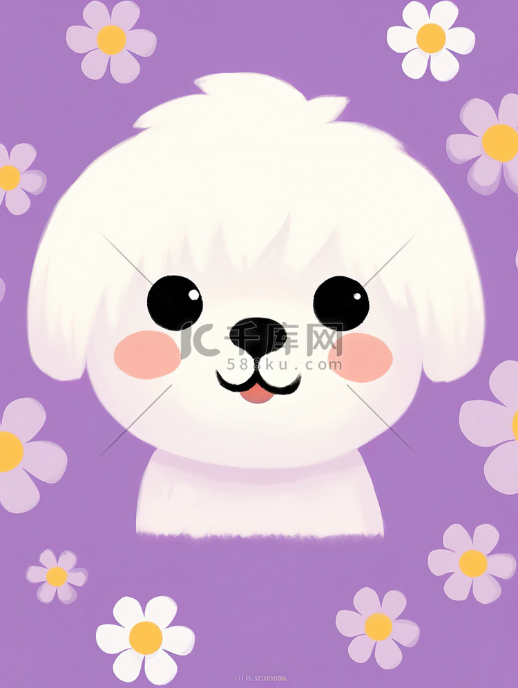 可爱白色的小狗紫色小花背景7