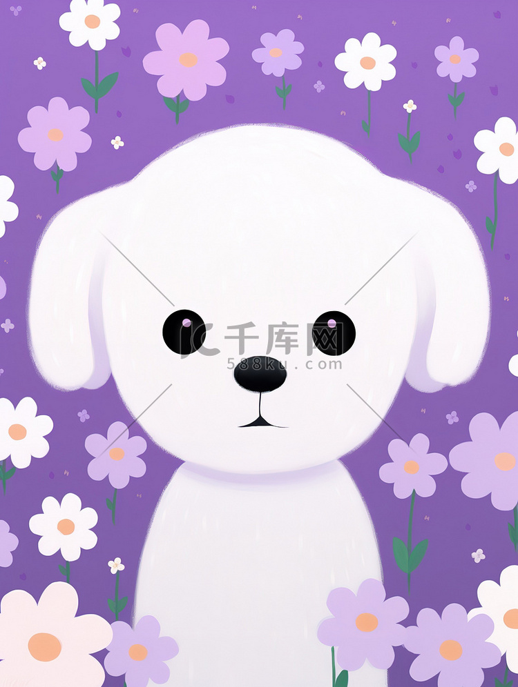 可爱白色的小狗紫色小花背景14