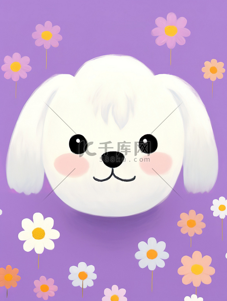 可爱白色的小狗紫色小花背景5