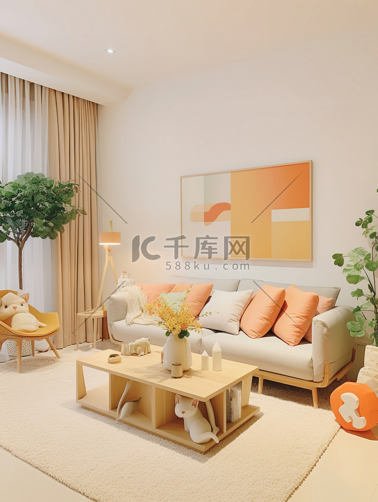 浅橙色和米色装饰的客厅家居背景