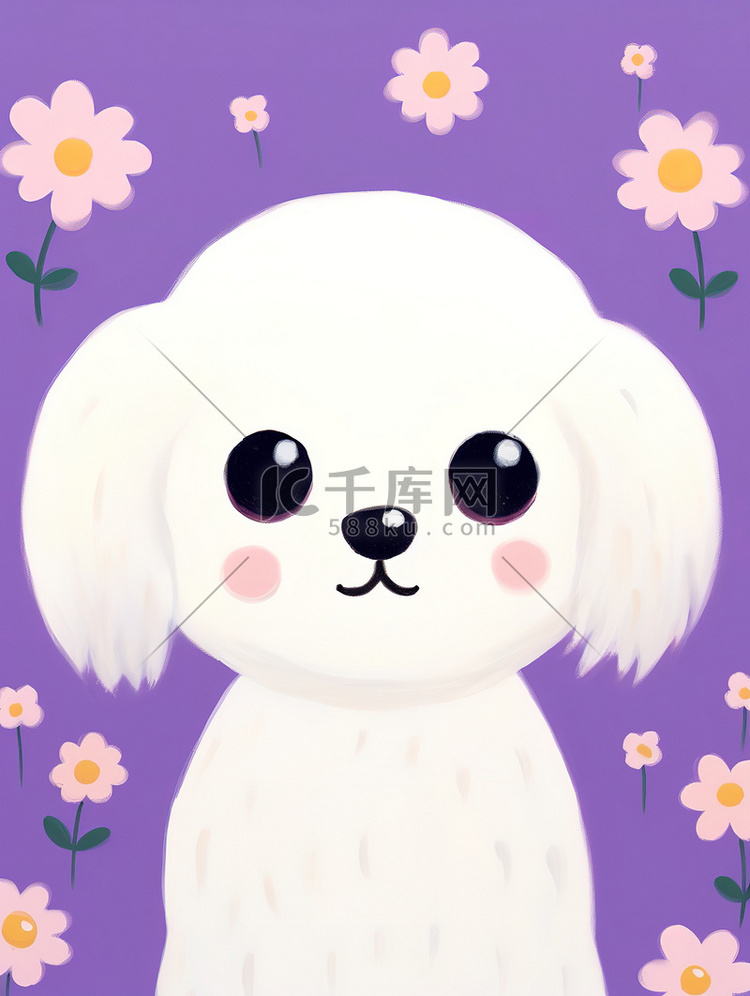 可爱白色的小狗紫色小花背景4