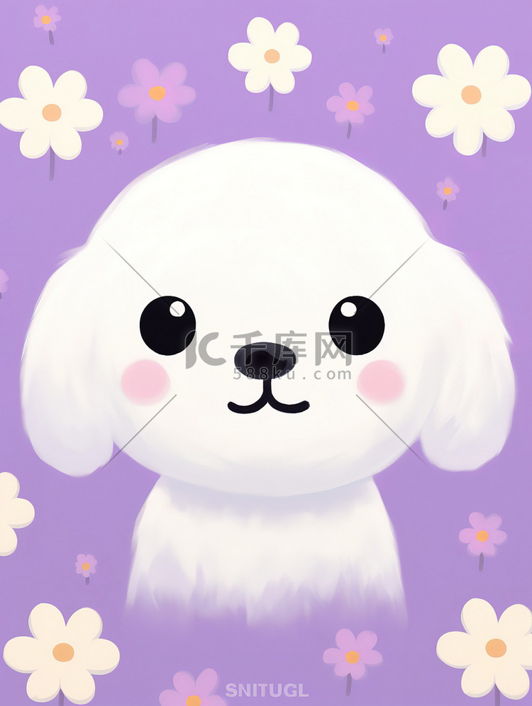 可爱白色的小狗紫色小花背景6