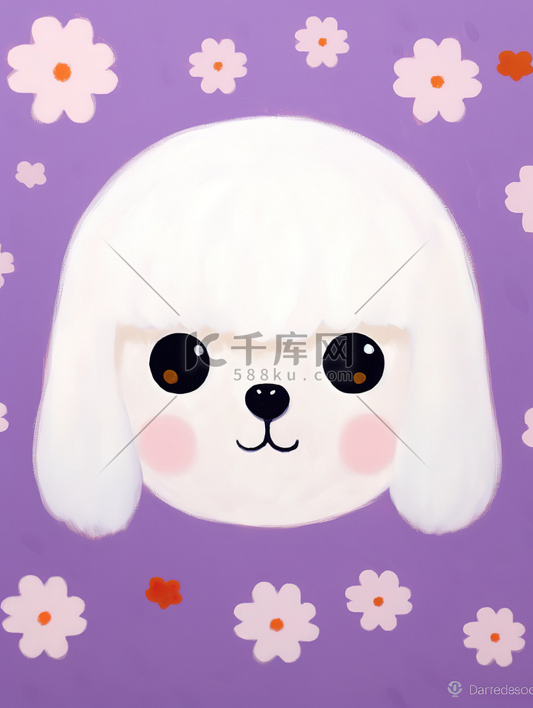 可爱白色的小狗紫色小花背景11
