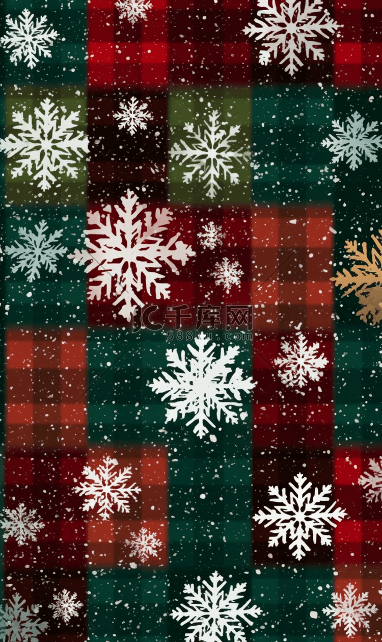 圣诞节红绿方格白色雪花片拼接背