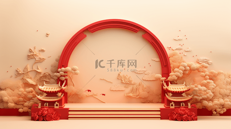 中国风金红色圆拱门戏台背景15