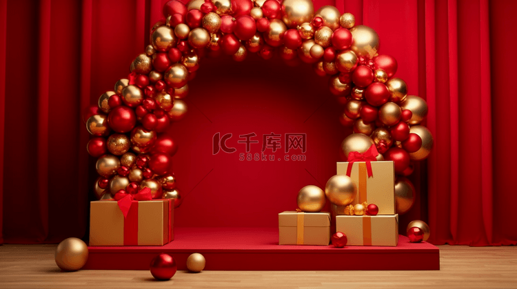 喜庆红色圣诞节拱形气球电商展台