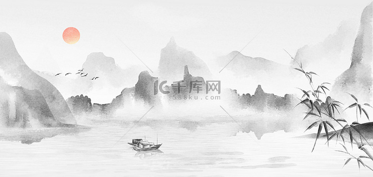 中国风山水水墨古风山水海报背景