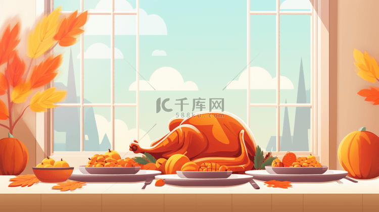 扁平化的烤火鸡美食感恩节背景3