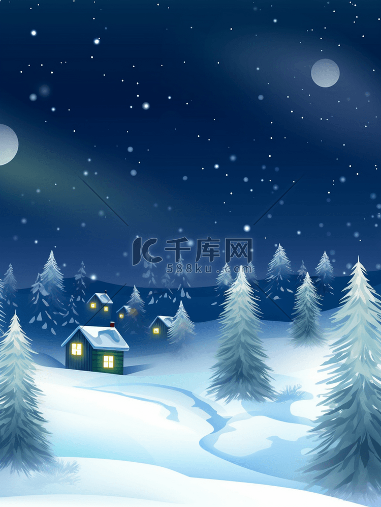 冬季圆月星空下的雪山小村庄背景