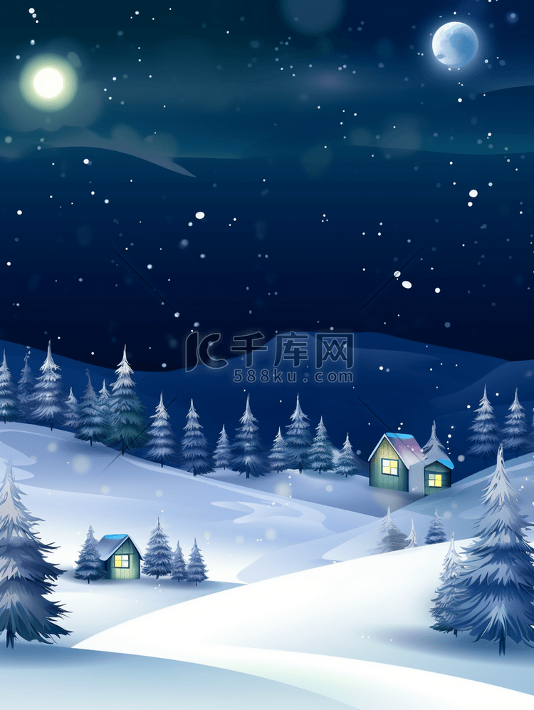 雪地上森林小村庄的夜空背景5