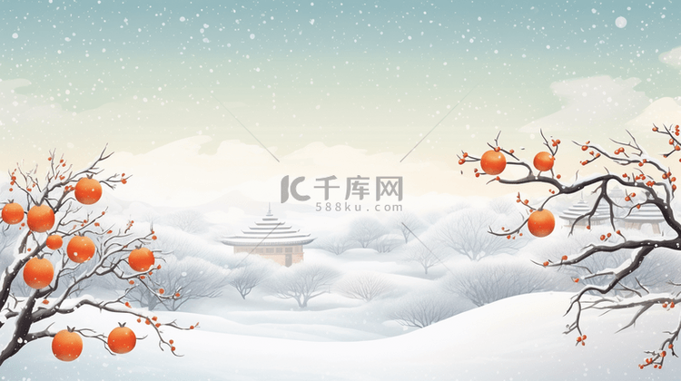 冬季柿子树风景雪景插画3