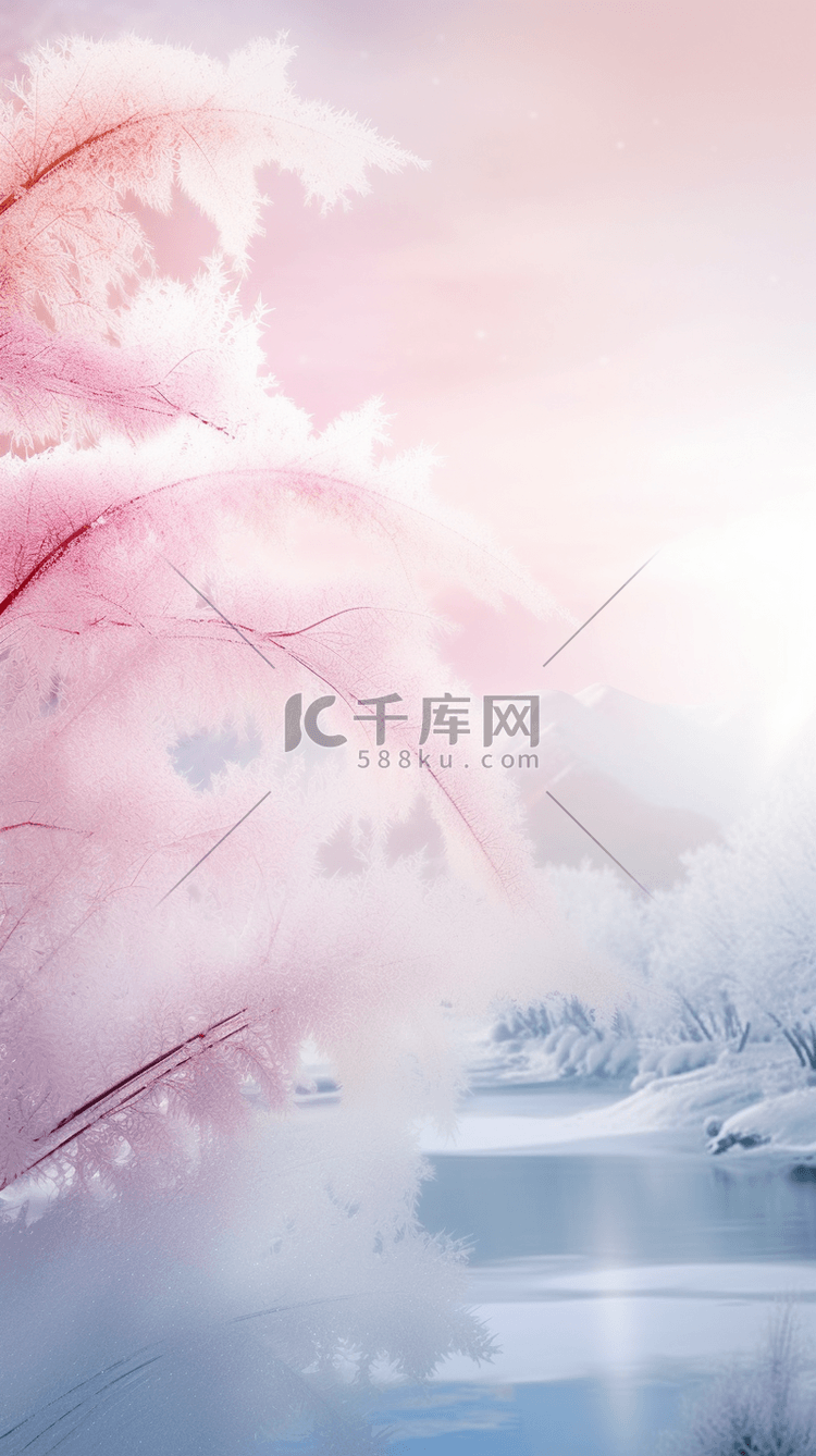 冬天冬季粉色芦苇花上的雾凇冰晶