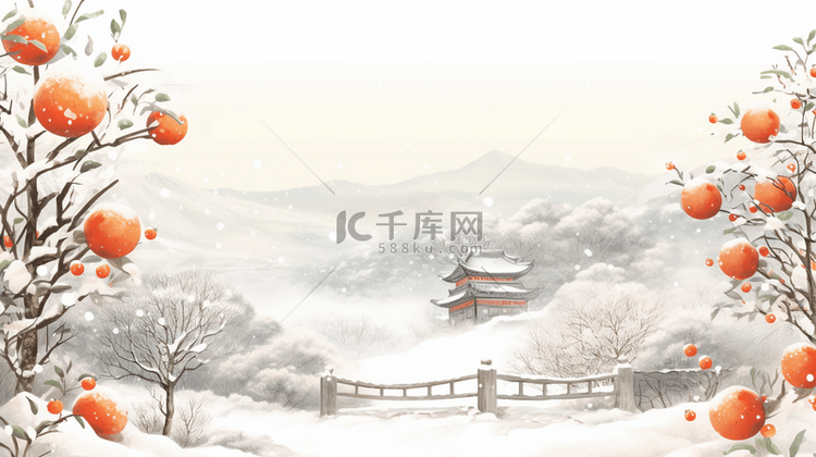 冬季柿子树风景雪景插画8