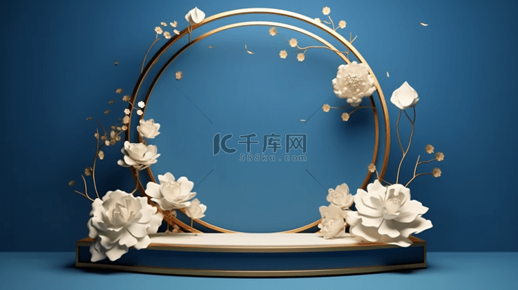 中国风复古金色花朵蓝金色电商展