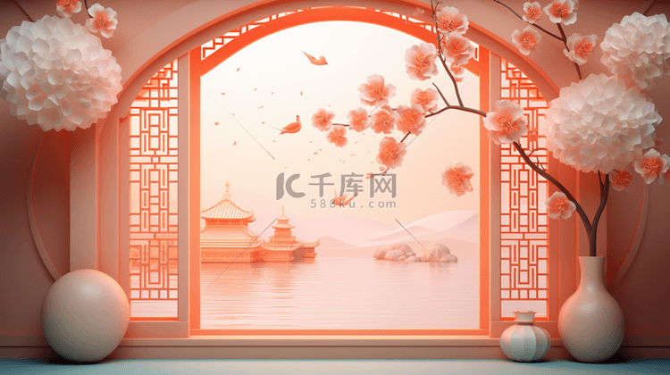 春节古典窗户鲜花装饰C4D背景4