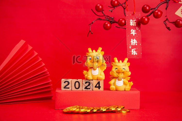 新年2024过年卡通龙红色背景