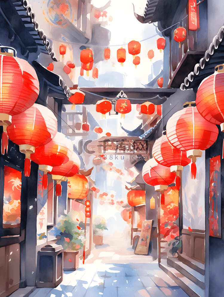 中国风水彩灯笼节日街道