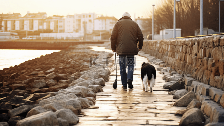 夕阳下散步的老人和狗狗