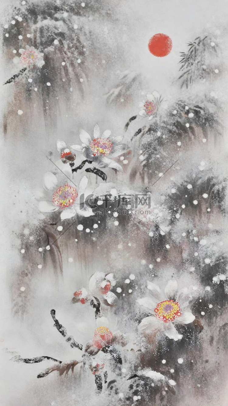 国风冬天雪景大雪中的花枝意境背