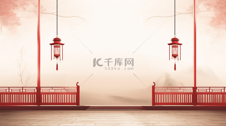 中国风山水古建筑春节装饰边框背