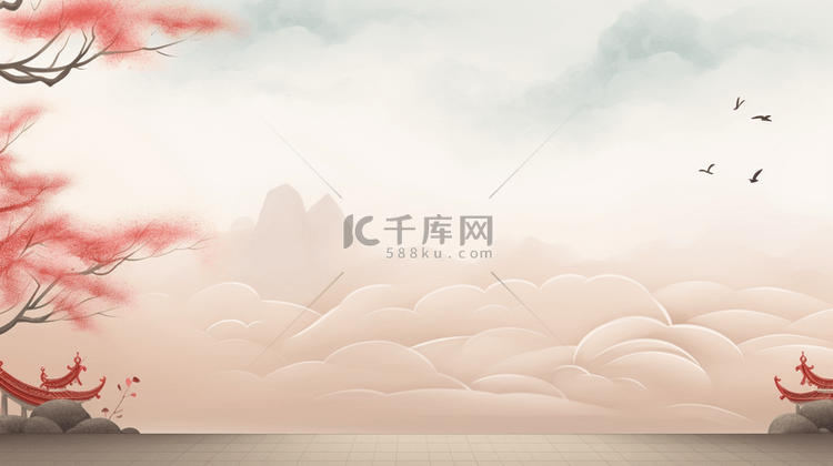 中国山水古建筑春节装饰边框背景
