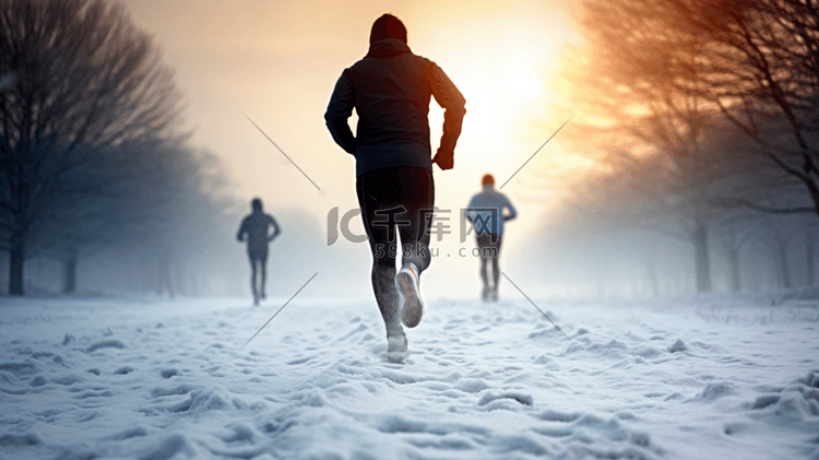 冬季雪地中跑步的人