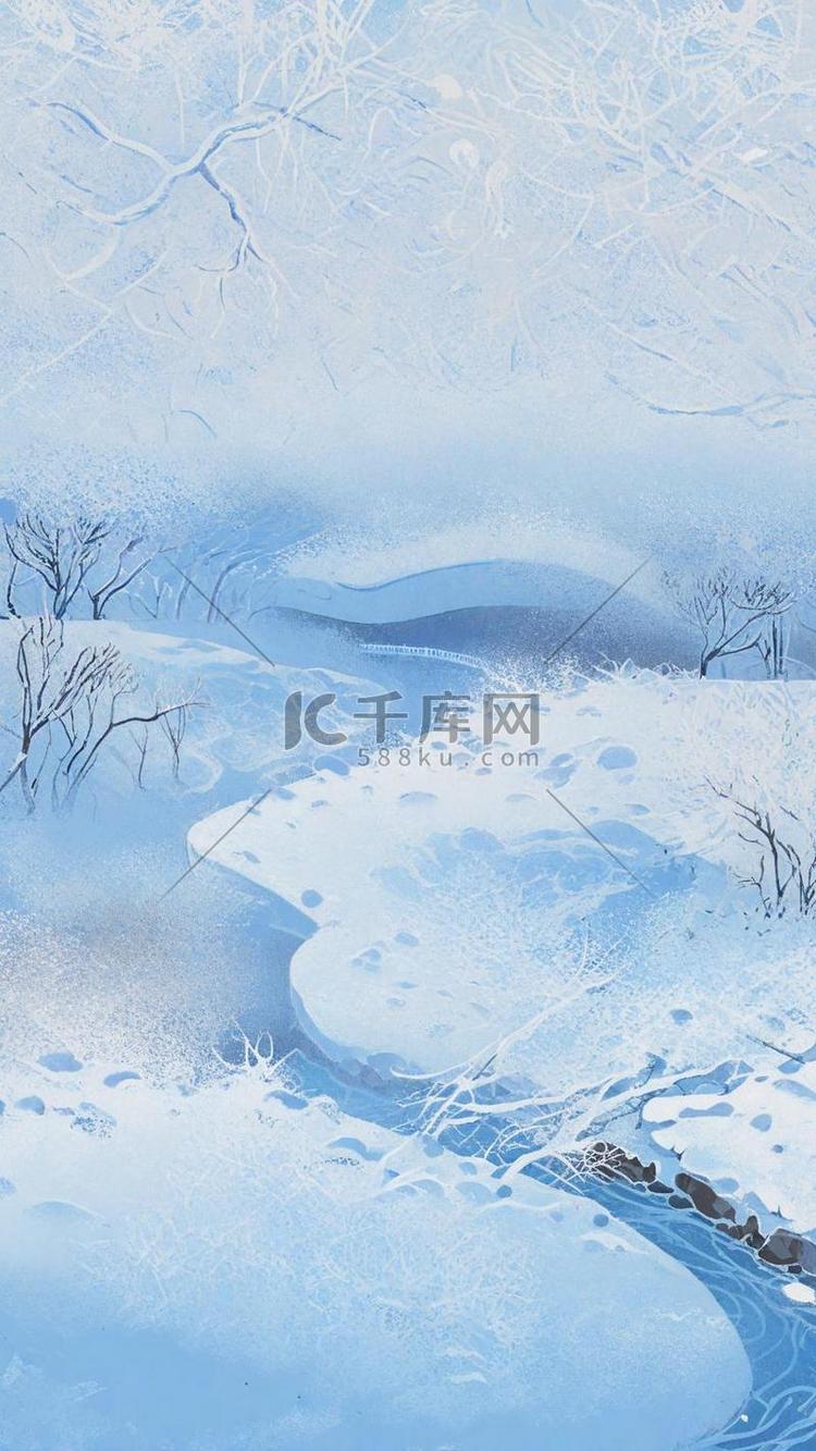 蓝色清新冬天雪景冬景背景