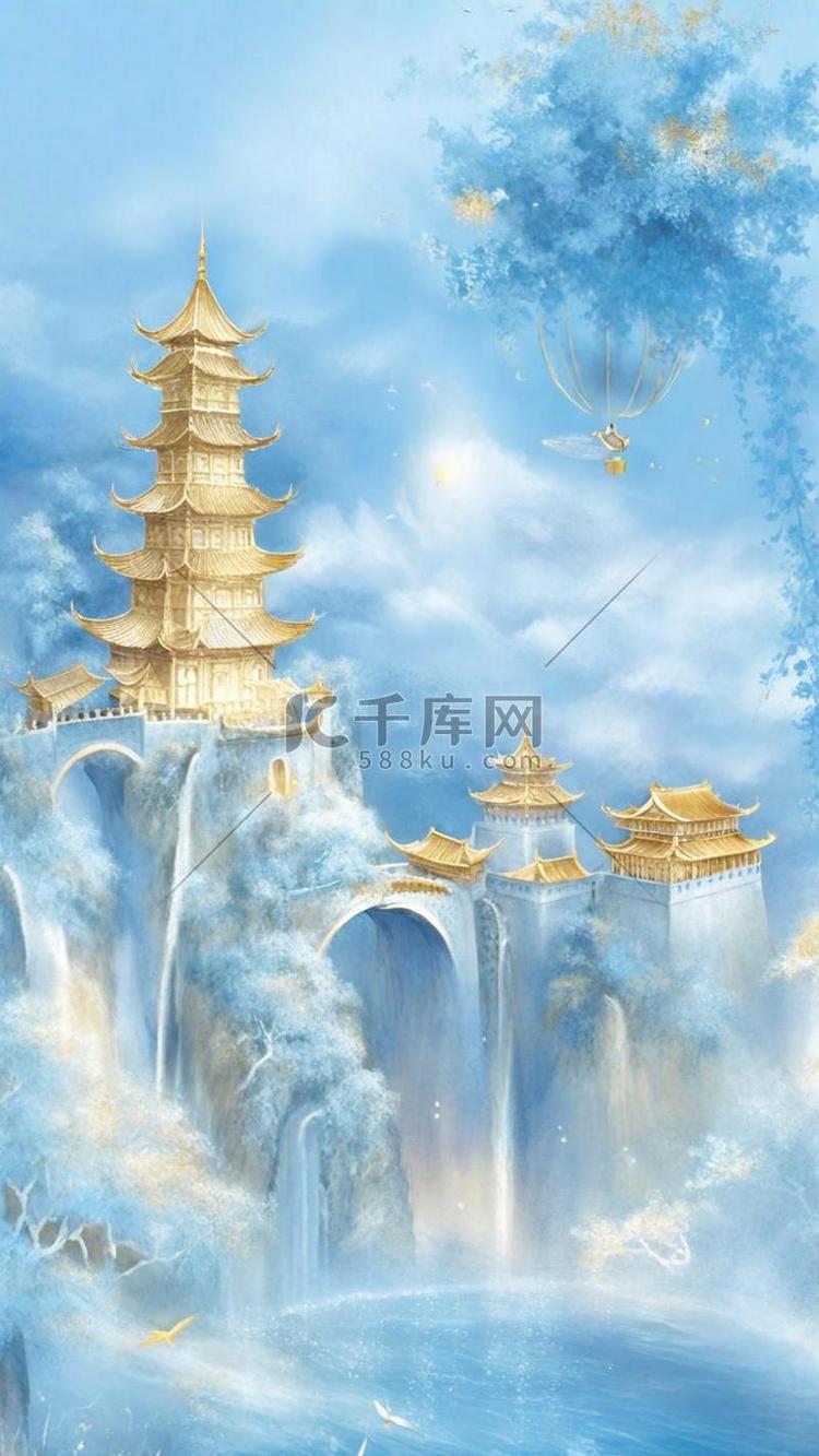 蓝色中国风清新云雾里的宫殿背景