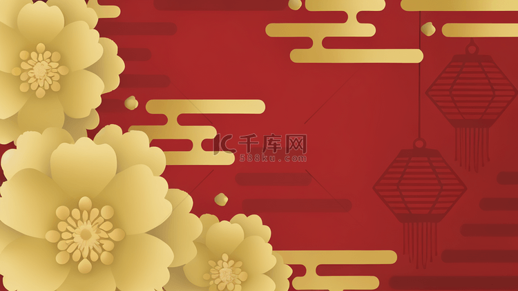 元旦金色花的红色新中式剪纸风格