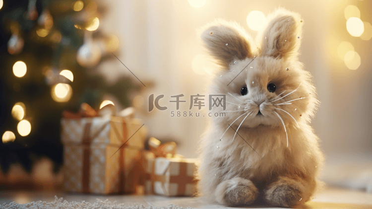圣诞树下的毛绒小兔子