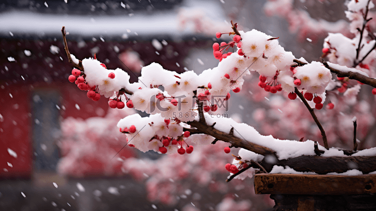 冬季古建筑背景雪中梅花