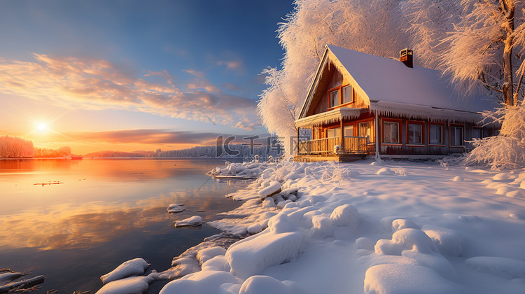 冬天雪景湖边的房子8