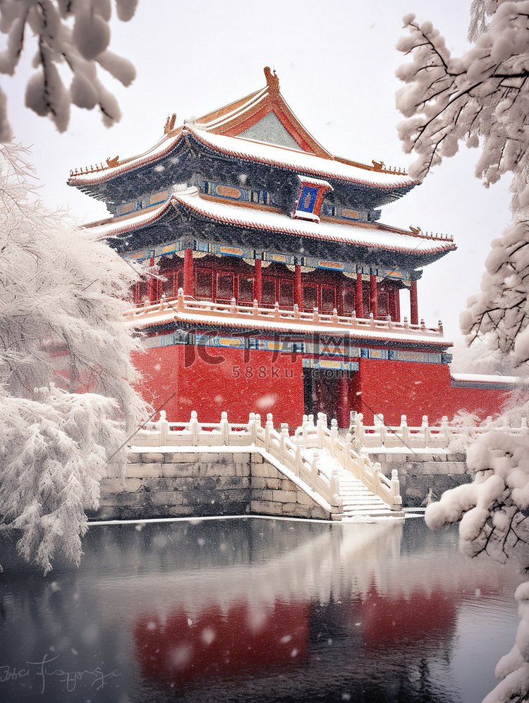 故宫宏伟建筑的雪景4背景素材