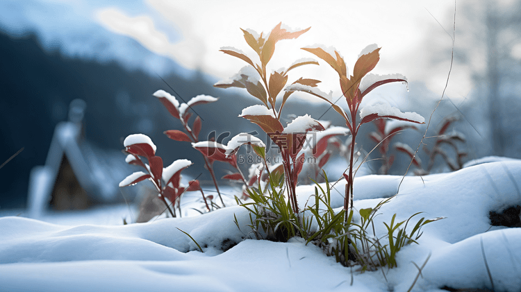 冬季雪地中顽强的小草