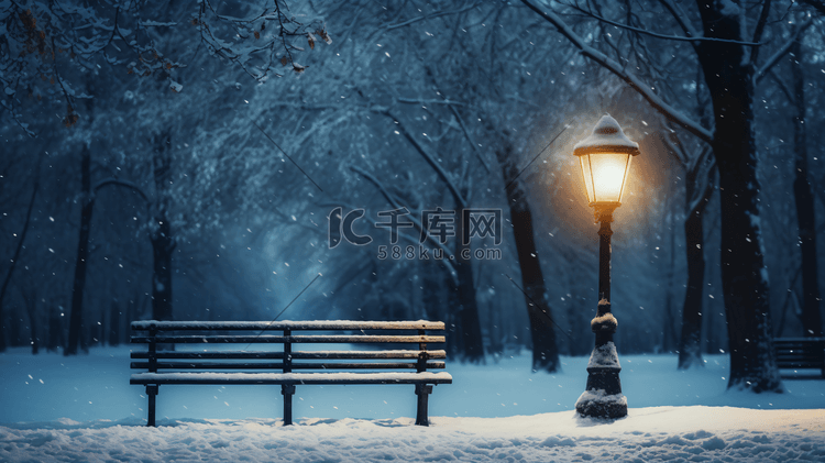 冬季夜景街道下雪路灯椅子摄影图