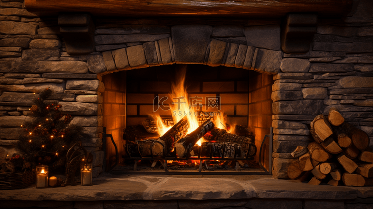 圣诞温暖烟囱火堆壁炉取暖背景(