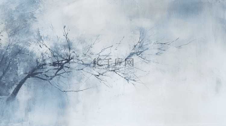 白色冬天雪天独枝树木绘画纹理背