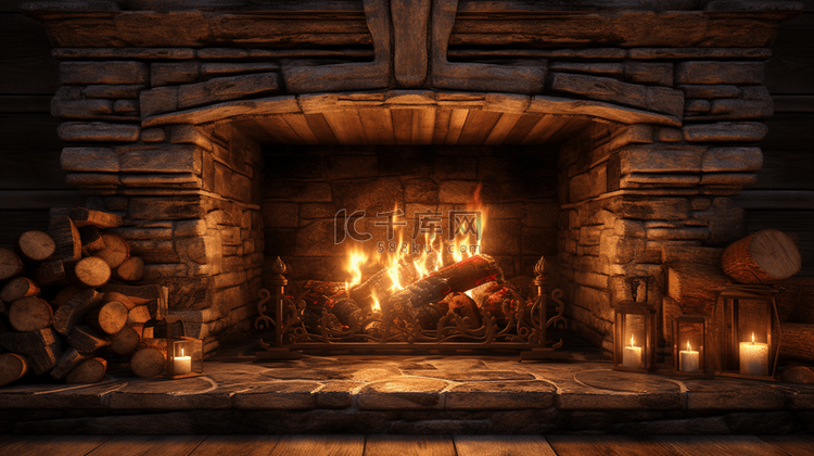 圣诞温暖烟囱火堆壁炉取暖背景(
