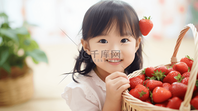 拿着草莓开心的小女孩