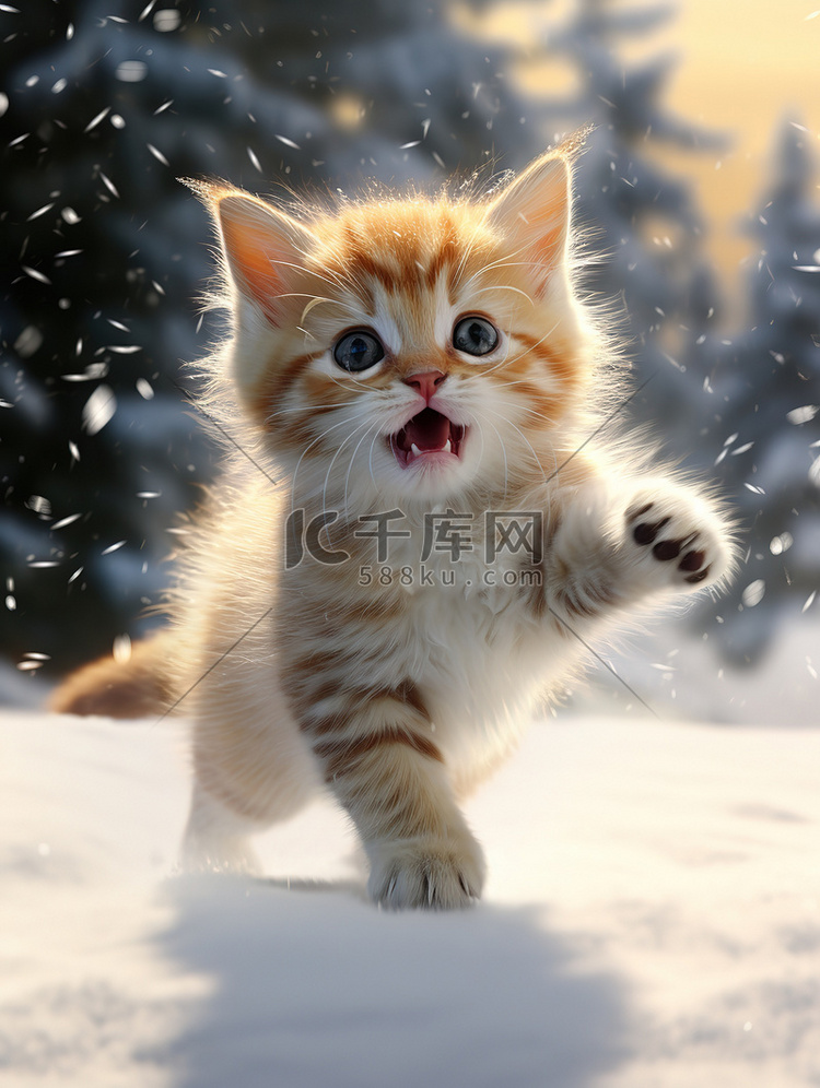 冬天的小猫雪中跳跃壁纸5背景