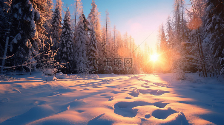 日出阳光照在雪地森林3背景图片