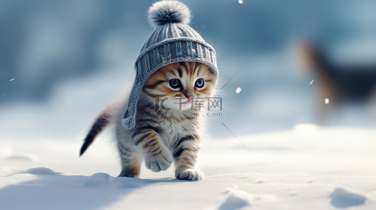 小猫在冰雪上行走19图片
